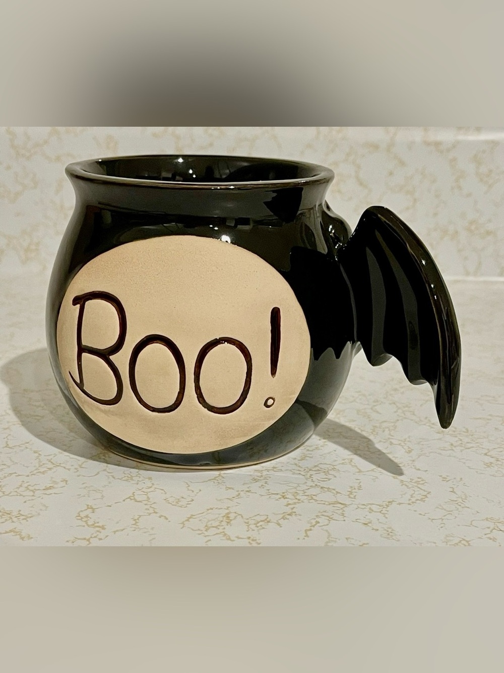 BOSTON WAREHOUSE HALLOWEEN WITCH CAULDRON COFFEE MUG CUP BAT WING 3D HANDLE BOO!